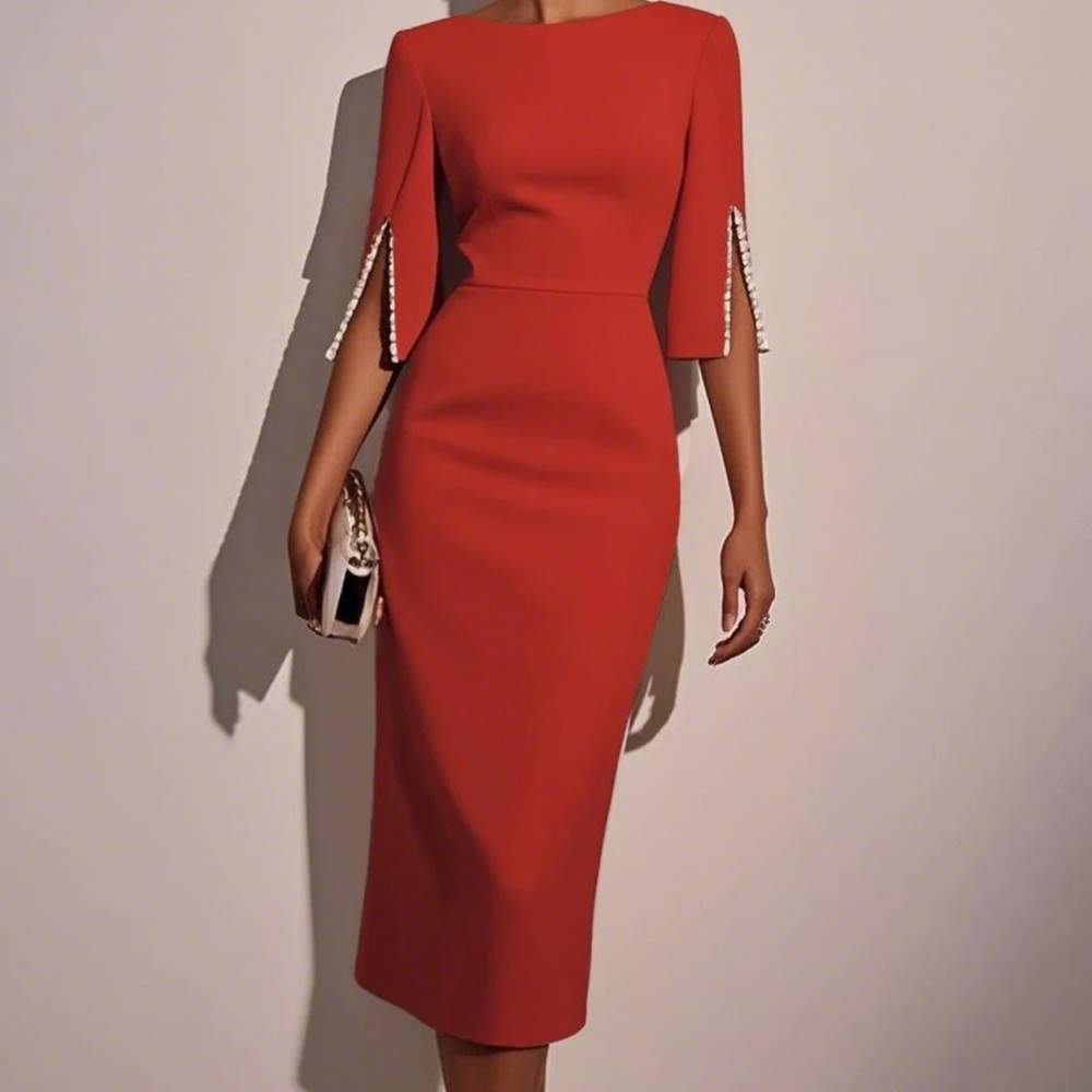 Elegant Red Midi Sheath Dress with Pearl-Trim Sleeves